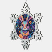 Konijntje zittend bloemen harten tin sneeuwvlok ornament (Rechts)