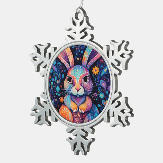 Konijntje zittend bloemen harten tin sneeuwvlok ornament (Rechts)