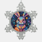 Konijntje zittend bloemen harten tin sneeuwvlok ornament (Voorkant)