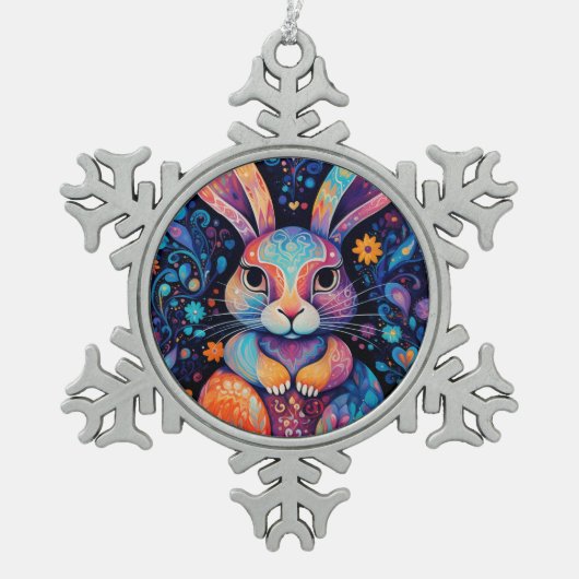 Konijntje zittend bloemen harten tin sneeuwvlok ornament (Voorkant)