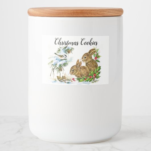 Konijntjes en vogels genieten van sneeuwkerst voedselcontainer etiket (Voorkant)