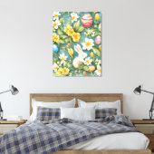Konijntjes, lentebloemen en paaseieren. Schilderen Canvas Afdruk (Insitu (Slaapkamer))