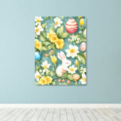 Konijntjes, lentebloemen en paaseieren. Schilderen Canvas Afdruk (Insitu (Houten vloer))