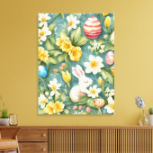 Konijntjes, lentebloemen en paaseieren. Schilderen Canvas Afdruk (Insitu (Woonkamer))