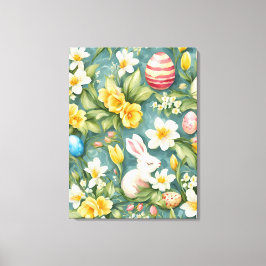 Konijntjes, lentebloemen en paaseieren. Schilderen Canvas Afdruk