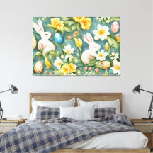 Konijntjes, lentebloemen en paaseieren. Schilderen