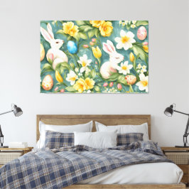 Konijntjes, lentebloemen en paaseieren. Schilderen Canvas Afdruk