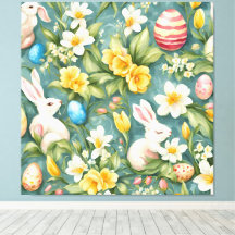 Konijntjes, lentebloemen en paaseieren. Schilderen