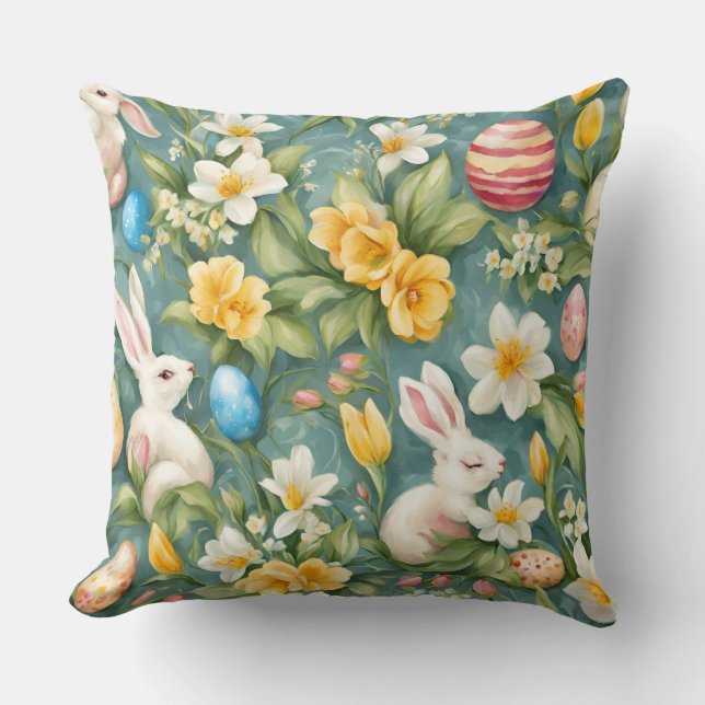 Konijntjes, lentebloemen en paaseieren. Schilderen Kussen (Voorkant)