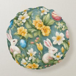 Konijntjes, lentebloemen en paaseieren. Schilderen Rond Kussen