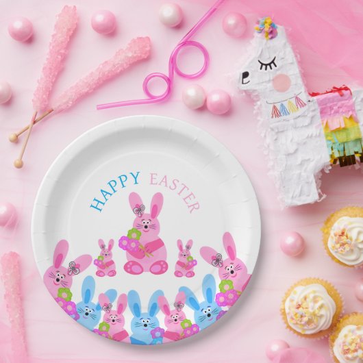 Konijntjes met bloemen papieren bordje (Feest)