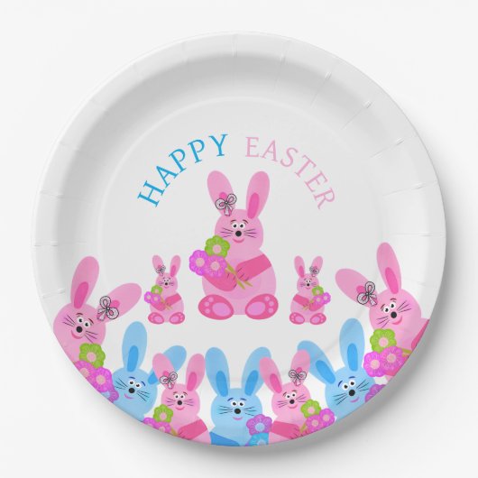Konijntjes met bloemen papieren bordje (Voorkant)