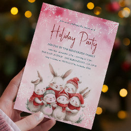 Konijntjes met rode sjaal Roze Vakantie Party Invi Kaart