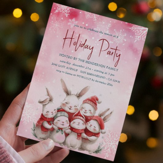 Konijntjes met rode sjaal Roze Vakantie Party Invi Kaart