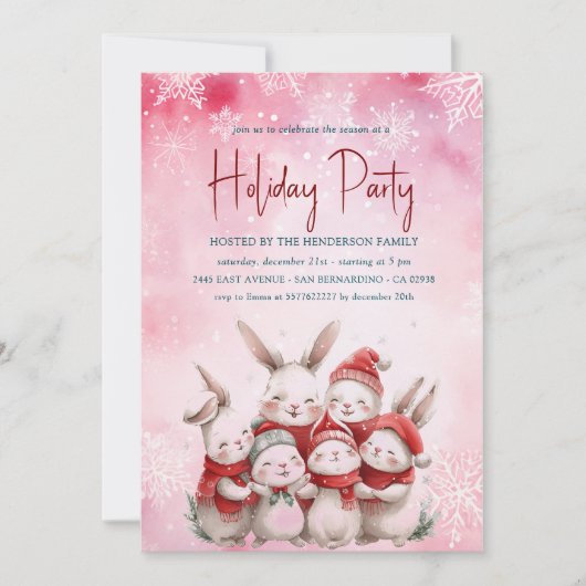 Konijntjes met rode sjaal Roze Vakantie Party Invi Kaart (Voorkant)