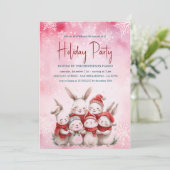 Konijntjes met rode sjaal Roze Vakantie Party Invi Kaart (Staand voorkant)