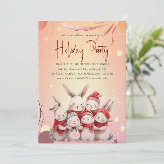 Konijntjes met rode sjaal Warm Holiday Party Invit Kaart (Staand voorkant)