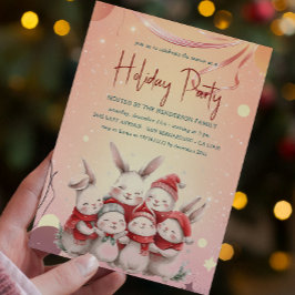 Konijntjes met rode sjaal Warm Holiday Party Invit Kaart