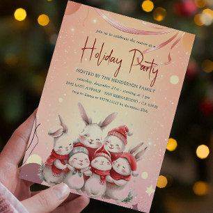 Konijntjes met rode sjaal Warm Holiday Party Invit Kaart