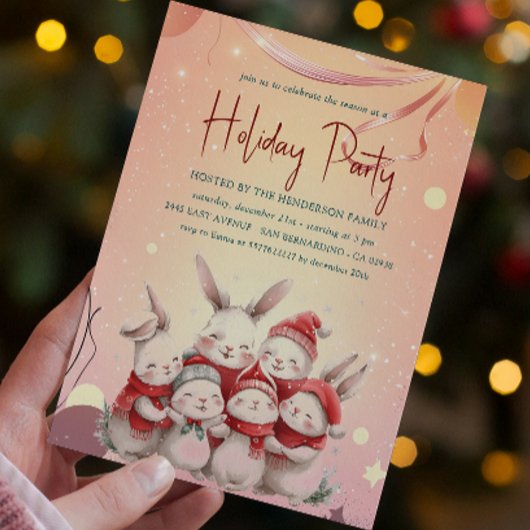 Konijntjes met rode sjaal Warm Holiday Party Invit Kaart