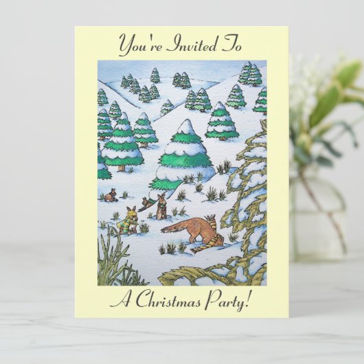 konijntjes spelen in sneeuw op kerst uitnodiging (Staand voorkant)