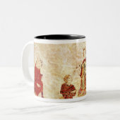 Koning Arthur op zijn troon omringd Tweekleurige Koffiemok (Voorkant links)