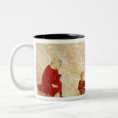 Koning Arthur op zijn troon omringd Tweekleurige Koffiemok (Links)