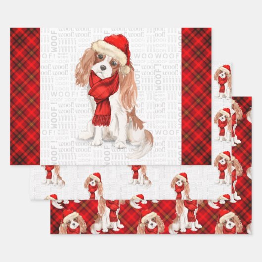 Koning Charles Cavalier Spaniel Kerst Hond Plaid Inpakpapier Vel (Set)
