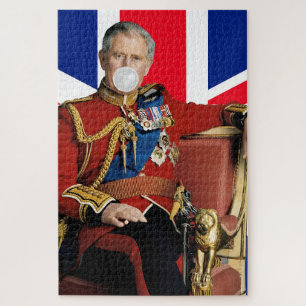 Koning Charles die witte kauwgom blaast Britse vla Legpuzzel