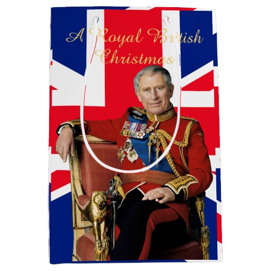 Koning Charles III Britse vlag Kerstmis Groet Medium Cadeauzakje (Voorkant)