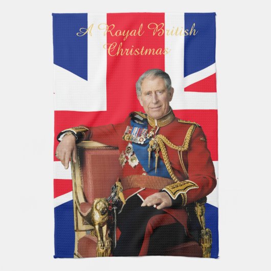 Koning Charles III Britse vlag Kerstmis Groet Theedoek (Verticaal)