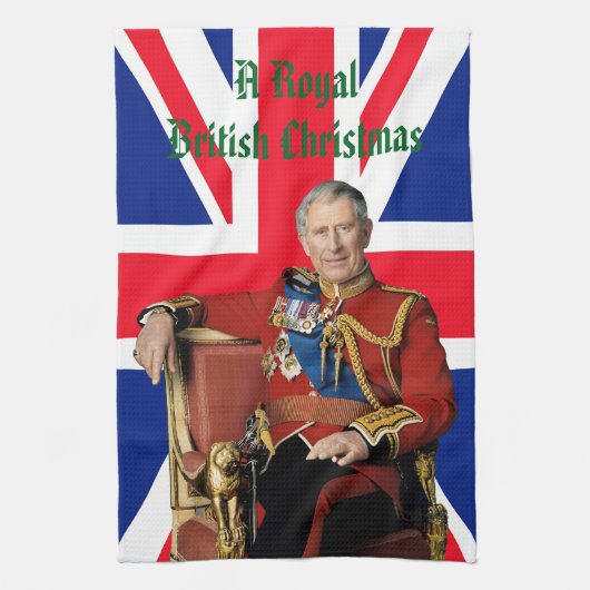 Koning Charles III Britse vlag Kerstmis Groet Theedoek (Verticaal)