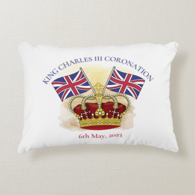 Koning Charles III Coronation Crown en Flags Accent Kussen (Voorkant)