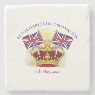 Koning Charles III Coronation Crown en Flags Stenen Onderzetter