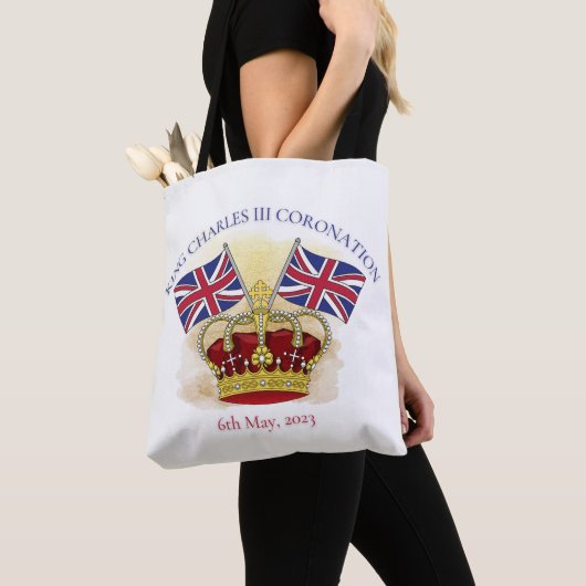 Koning Charles III Coronation Crown en Flags Tote Bag (Dichtbij)