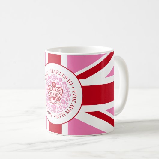 Koning Charles III kroning roze rode Logo Koffiemok (Voorkant rechts)