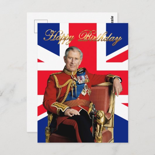 Koning Charles III met Britse vlag Gefeliciteerd m Briefkaart (Voorkant / Achterkant)