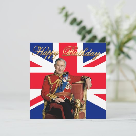 Koning Charles III met Britse vlag Gelukkige Verja Kaart (Staand voorkant)