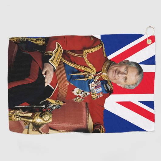 Koning Charles III met Britse vlag Golfhanddoek (Horizontaal)