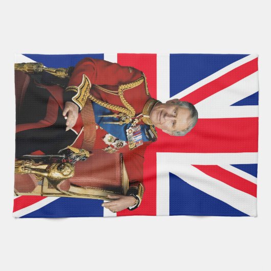 Koning Charles III met Britse vlag Theedoek (Horizontaal)