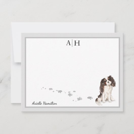 Koning Charles Spaniel Gray Border Monogram Notitiekaartje (Voorkant)