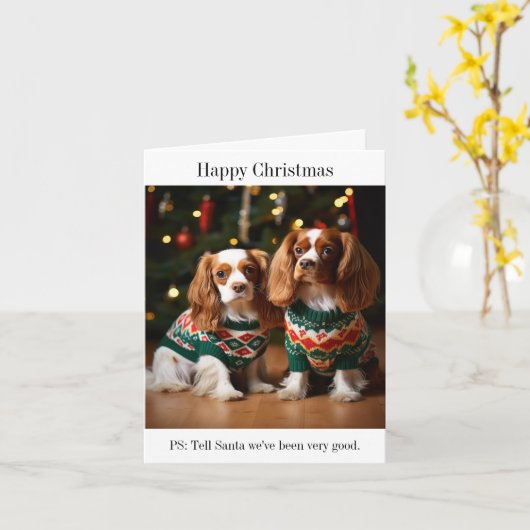 Koning Charles Spaniels in Kerstmis Jumpers Kaart (Gele Bloem)