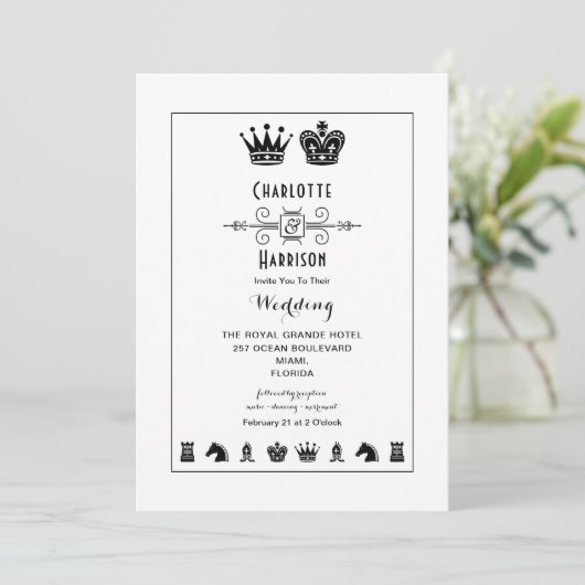 Koning en Koningin Schaakbordspel Bruiloft Kaart (Staand voorkant)