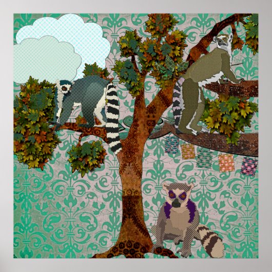 Koning Jullian & Lemurs op een Limb Green Damask P Poster (Voorkant)