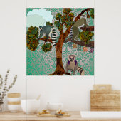 Koning Jullian & Lemurs op een Limb Green Damask P Poster (Keuken)