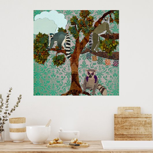 Koning Jullian & Lemurs op een Limb Green Damask P Poster (Keuken)