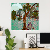 Koning Jullian & Lemurs op een Limb Green Damask P Poster (Thuiskantoor)