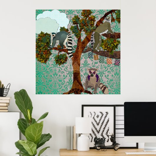 Koning Jullian & Lemurs op een Limb Green Damask P Poster (Thuiskantoor)