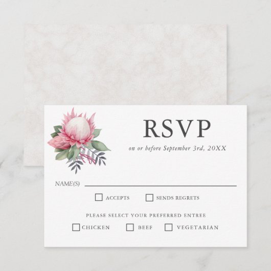 Koning Protea Botanische Bruiloft RSVP Entree Keuz Kaartje (Voorkant / Achterkant)