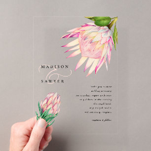 Koning Protea Roze Waterverf Bloemen Bruiloft Acryl Uitnodigingen